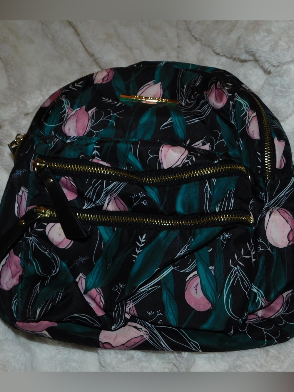 Steve Madden Black Floral Backpack with Pink and Green Accents